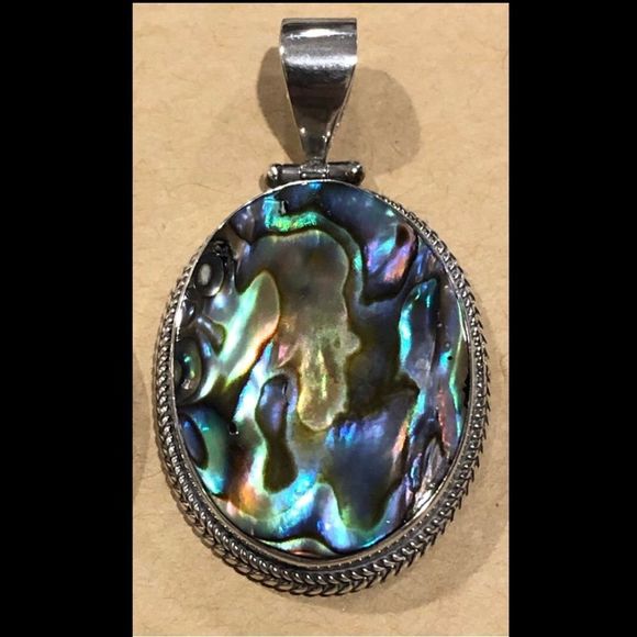 Abalone and Sterling Silver Oval Pendant with Rope Trim Around Bezel - Picture 15 of 15